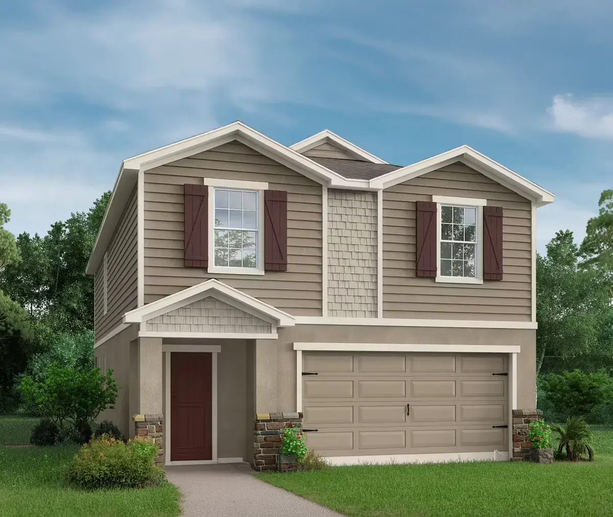 Two-story beige and black exterior new construction site-built home by Highland Homes, a Clayton company.